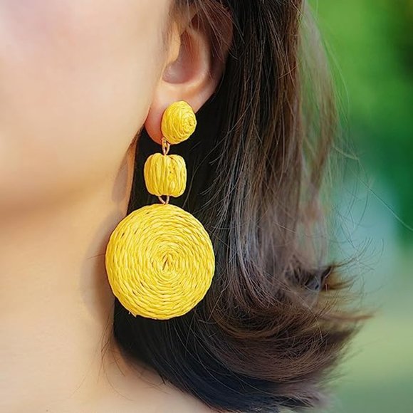 Chunky Yellow Rattan Earrings Wicker Bold Statement Raffia Dangle 80s Retro New - Picture 2 of 8